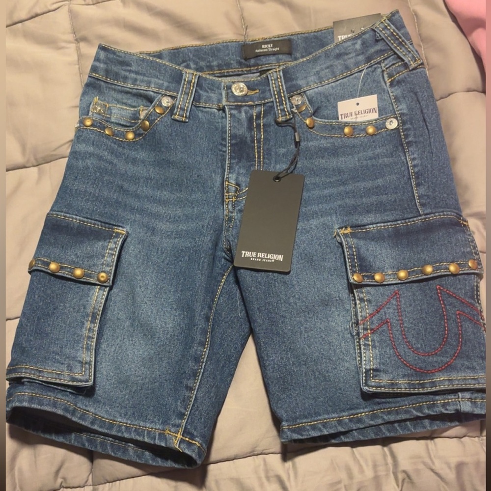 True Religion Blue Denim Cargo Shorts with Gold Studs and Red Stitching